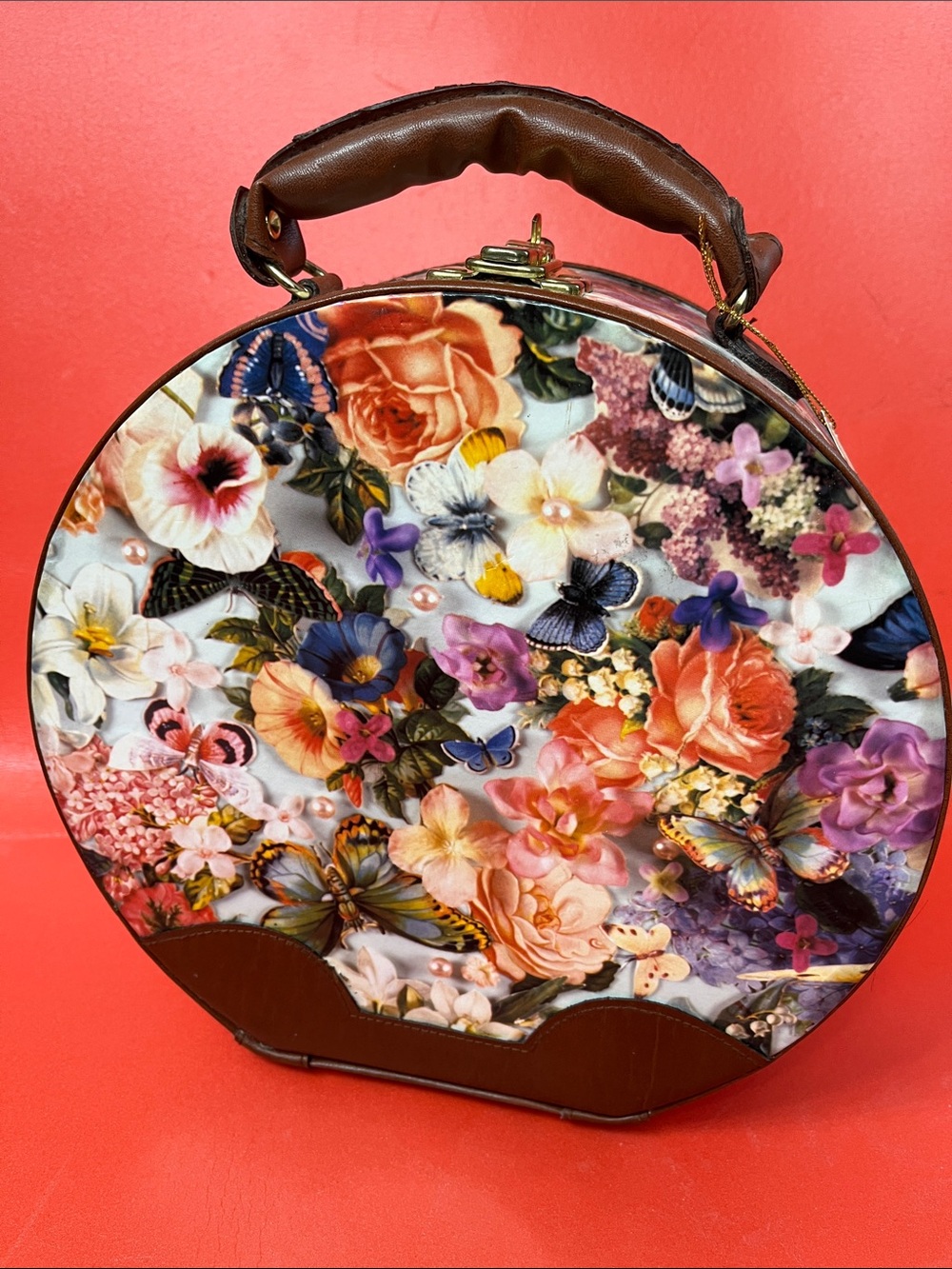 Vintage Once Upon a Rose New York floral Round leather Handle Bag 10x10x4